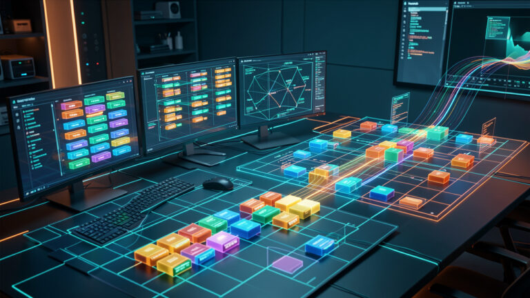 Composition futuriste représentant l’analyse de données par tableaux multidimensionnels et la résolution logique de problèmes de programmation.