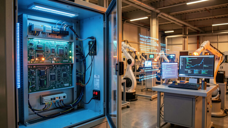 Armoire de contrôle industrielle entourée de capteurs et d’équipements automatisés, représentant l’apprentissage d’un langage de programmation pour tester et prolonger la durée de vie des systèmes industriels.