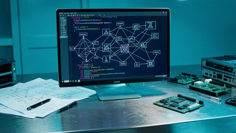 Espace de travail spécialisé montrant une visualisation abstraite de structures logiques et de connexions géométriques pour la vérification rigoureuse de logiciels critiques.