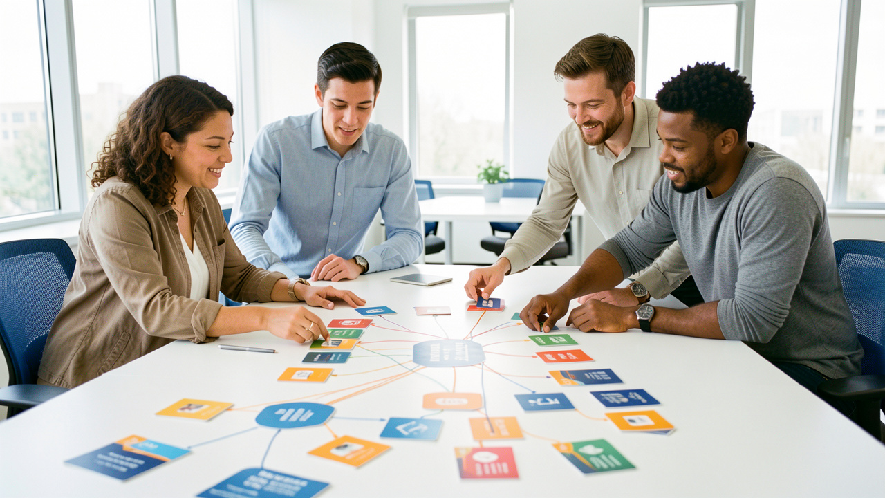 Une équipe diverse organise des cartes colorées et des connexions sur un tableau vierge afin de cartographier les compétences numériques et de construire un plan de formation.