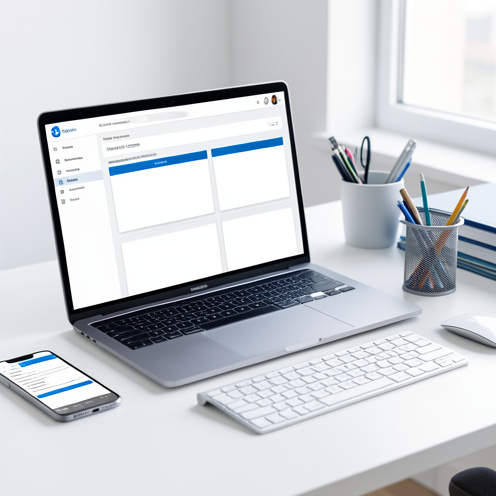 Ordinateur portable affichant une interface abstraite de messagerie professionnelle dans un espace de travail moderne, avec un smartphone et un clavier.