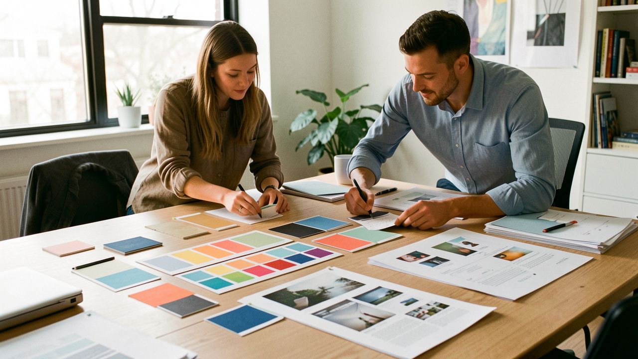 Équipe créative organisant des palettes de couleurs et des éléments graphiques cohérents dans un espace de travail moderne.