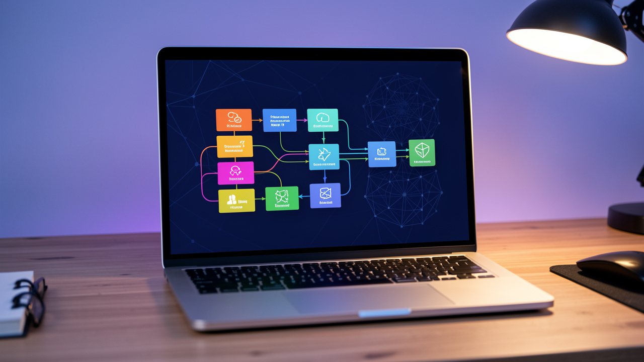 Poste de travail moderne avec un ordinateur affichant une représentation abstraite et colorée de flux de données modulaires et de réseaux neuronaux, évoquant la programmation fonctionnelle appliquée aux outils de données et d’intelligence artificielle.