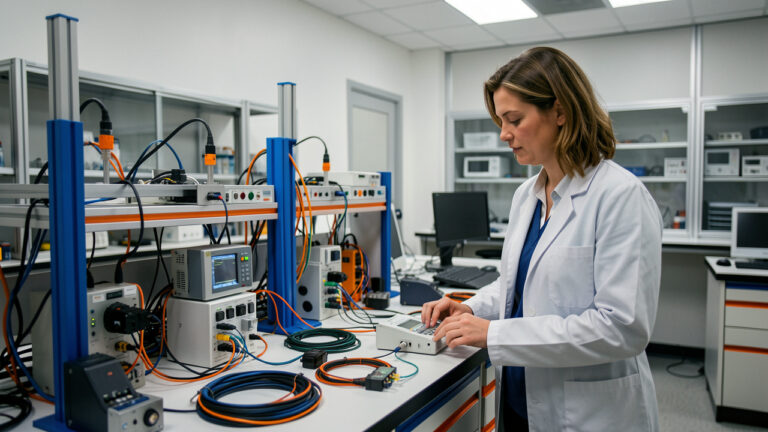 Ingénieure industrielle configurant une station modulaire de contrôle et de test automatisé dans un laboratoire moderne.