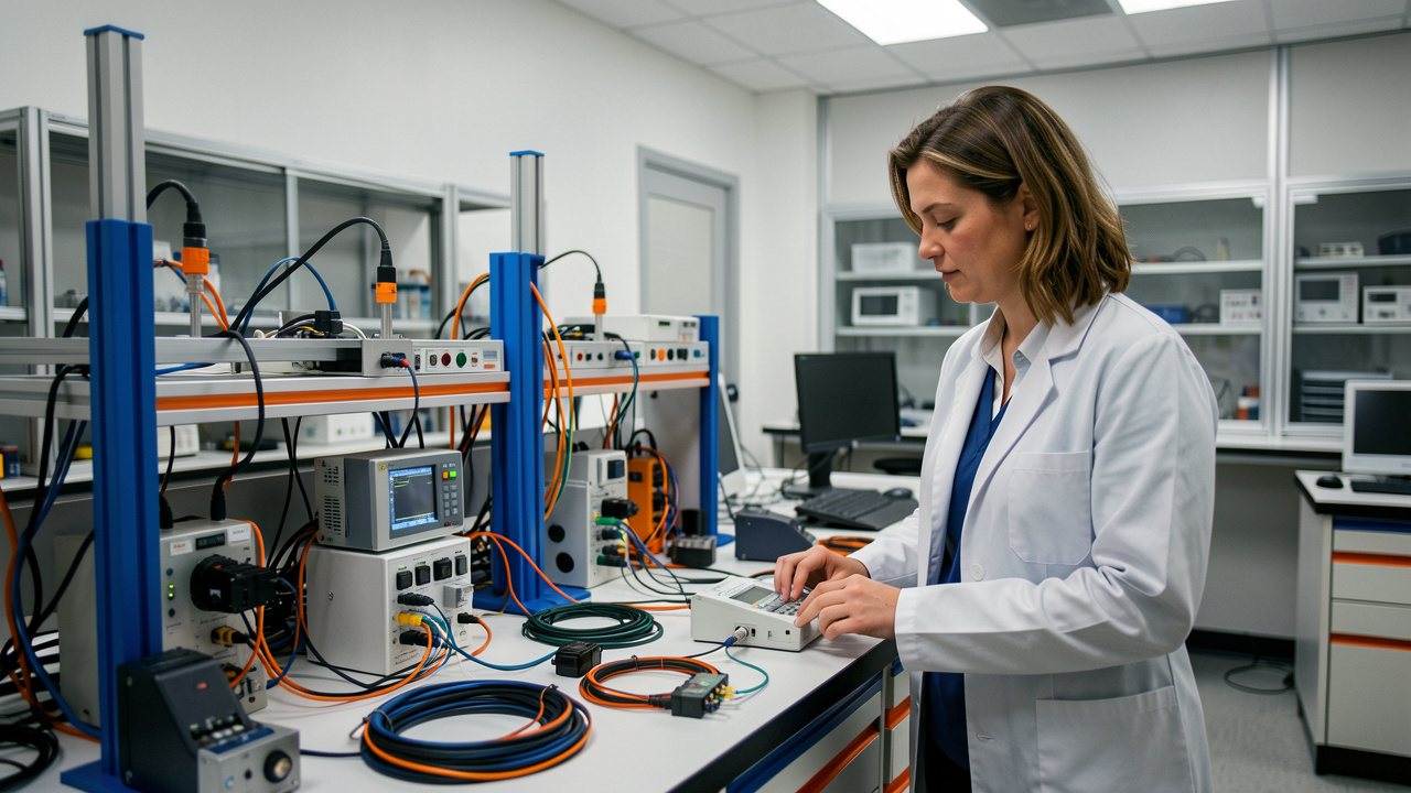Ingénieure industrielle configurant une station modulaire de contrôle et de test automatisé dans un laboratoire moderne.