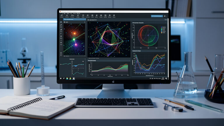 Espace de travail scientifique sécurisé avec un ordinateur affichant des simulations numériques abstraites, des visualisations de données et des couches de protection dans une ambiance bleutée.