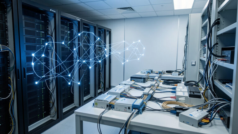Infrastructure cloud d’entreprise avec serveurs, nœuds connectés et espace de travail organisé illustrant une formation pratique pour fiabiliser les déploiements.