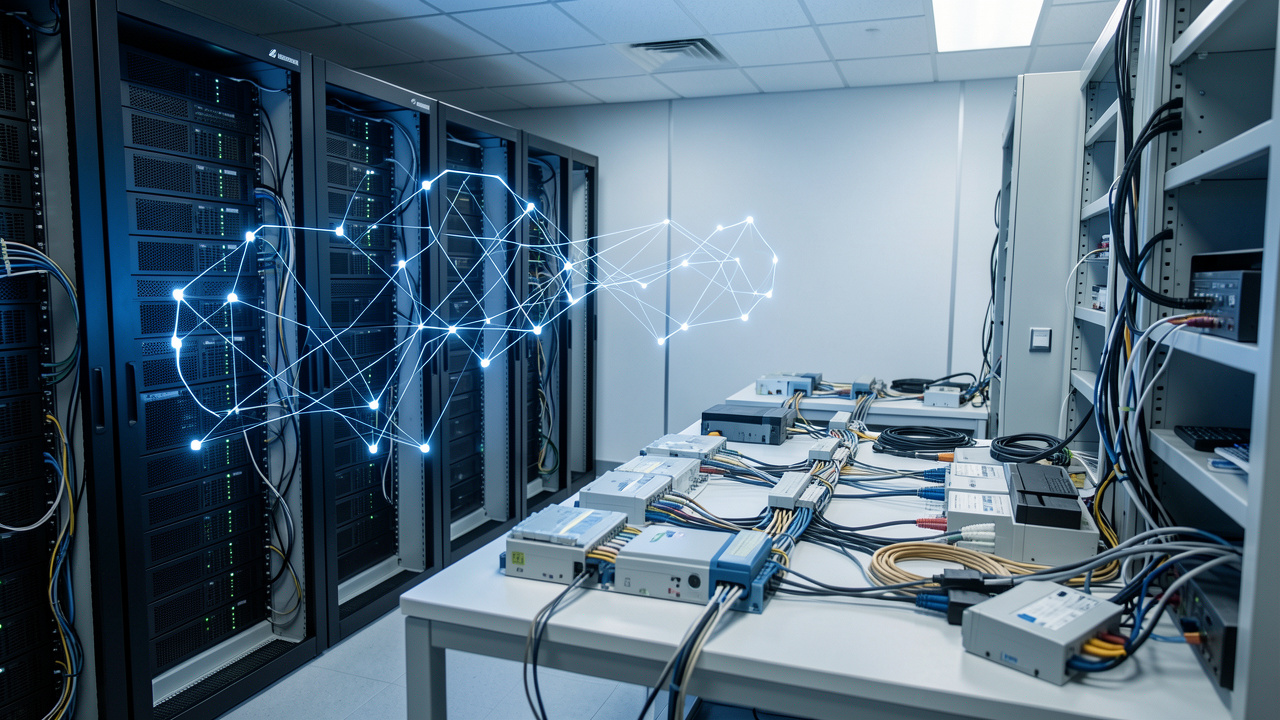 Infrastructure cloud d’entreprise avec serveurs, nœuds connectés et espace de travail organisé illustrant une formation pratique pour fiabiliser les déploiements.