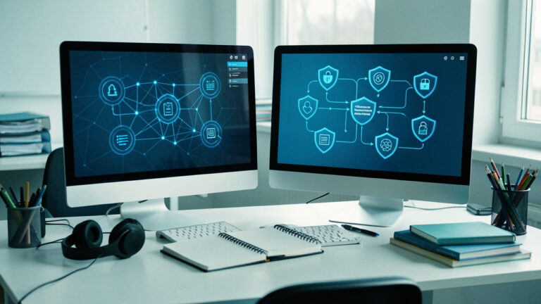 Espace de formation moderne en cybersécurité avec des écrans affichant des schémas abstraits de réseaux et des icônes de sécurité.