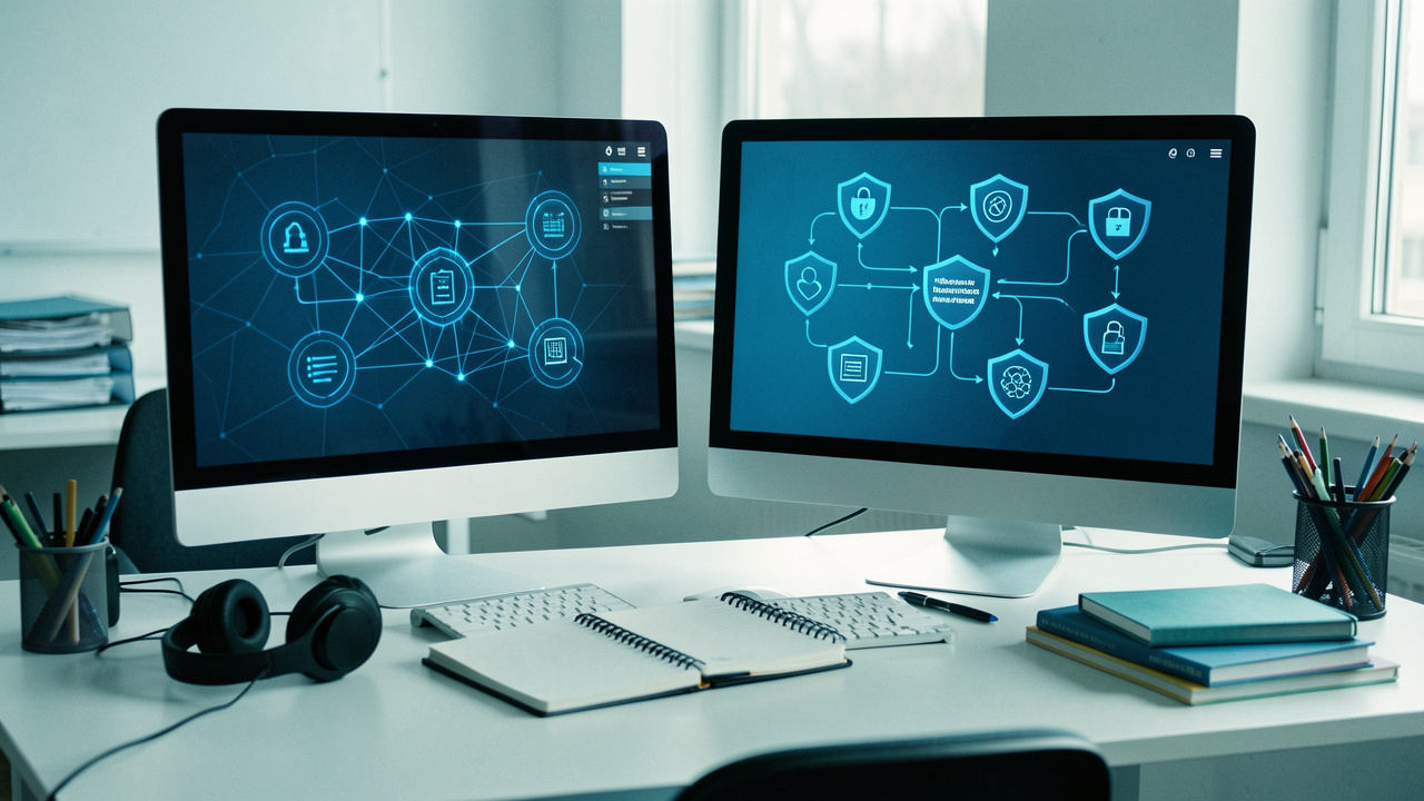 Espace de formation moderne en cybersécurité avec des écrans affichant des schémas abstraits de réseaux et des icônes de sécurité.