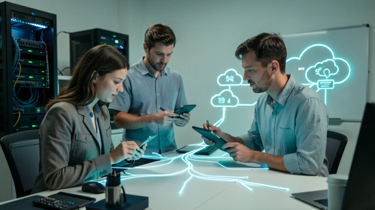Une femme et un homme analysent ensemble un parcours lumineux reliant un serveur d’application robuste à une architecture cloud moderne, symbolisant la formation et la modernisation durable des logiciels métiers.