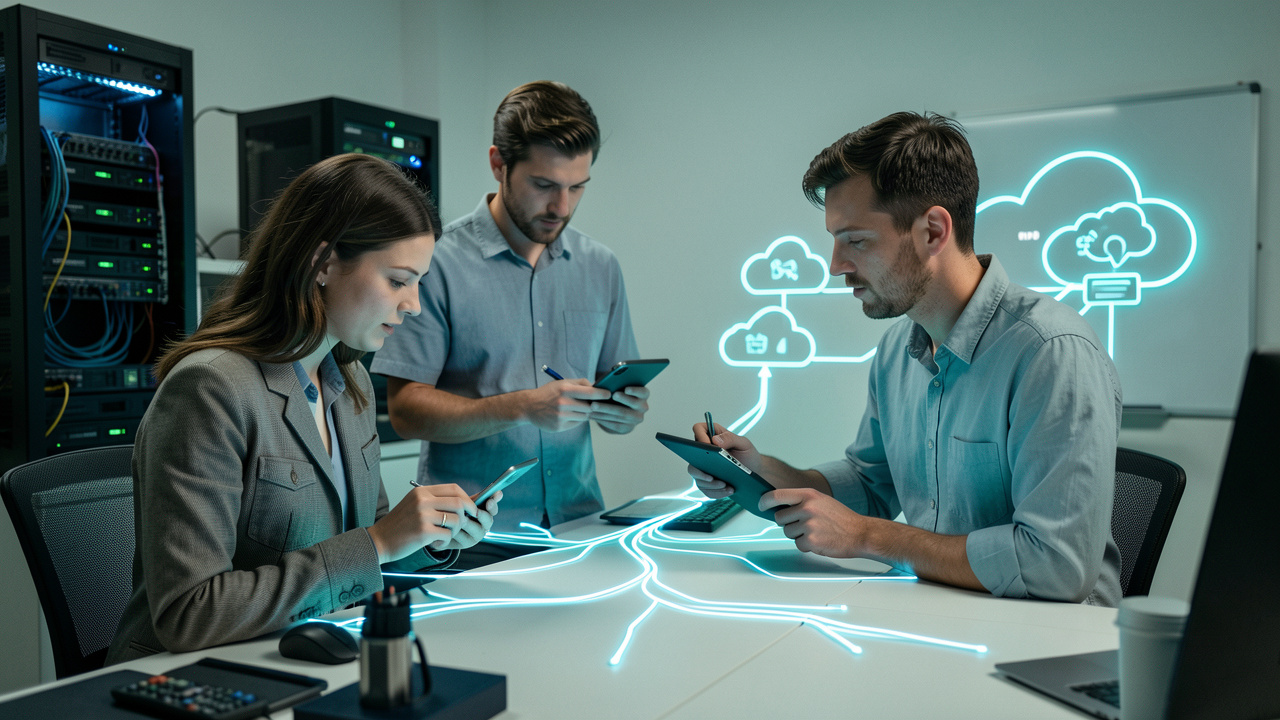Une femme et un homme analysent ensemble un parcours lumineux reliant un serveur d’application robuste à une architecture cloud moderne, symbolisant la formation et la modernisation durable des logiciels métiers.