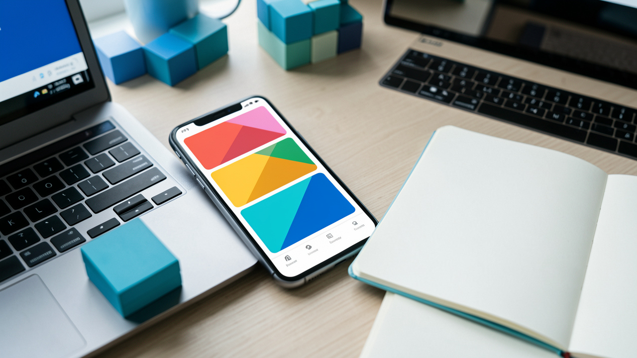 Bureau moderne présentant un smartphone avec une interface abstraite, un ordinateur portable et des éléments modulaires évoquant une formation au développement d’applications Android.