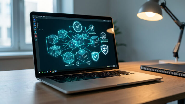 Poste de travail moderne avec un ordinateur portable représentant de manière abstraite une architecture logicielle modulaire, la fiabilité et le design by contract.