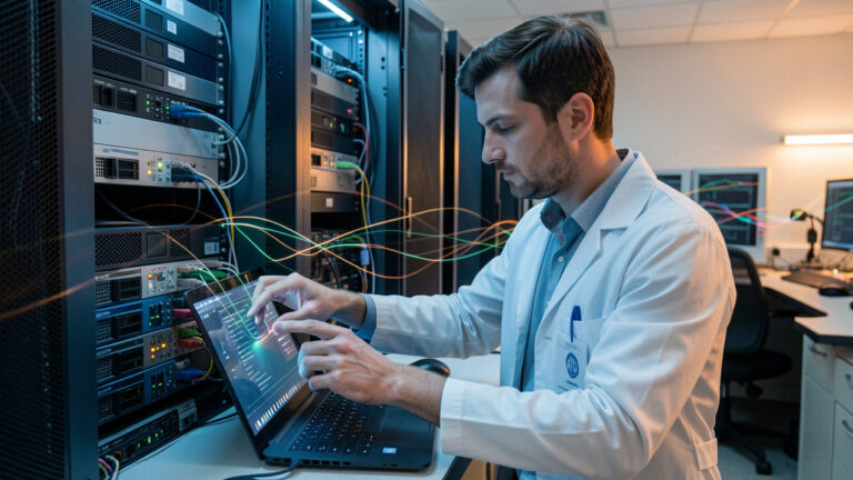 Un informaticien scientifique étudie du matériel informatique ancien à côté d’une infrastructure moderne de serveurs cloud dans un laboratoire.