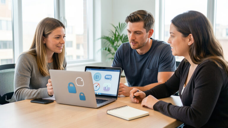 Une formatrice accompagne un homme et une femme lors d’une formation aux bonnes pratiques de gestion des mots de passe dans un bureau lumineux.