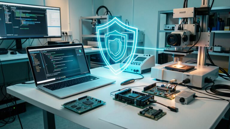 Poste de développement sécurisé avec ordinateur, cartes électroniques, composants modulaires et systèmes d’automatisation reliés par une visualisation de protection.