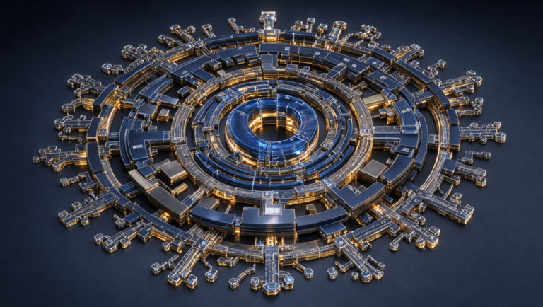 Illustration conceptuelle d’une spirale lumineuse composée de formes géométriques imbriquées et de chemins ramifiés, symbolisant l’apprentissage de la récursion et une nouvelle manière de concevoir les programmes.