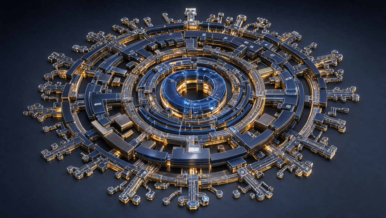 Illustration conceptuelle d’une spirale lumineuse composée de formes géométriques imbriquées et de chemins ramifiés, symbolisant l’apprentissage de la récursion et une nouvelle manière de concevoir les programmes.