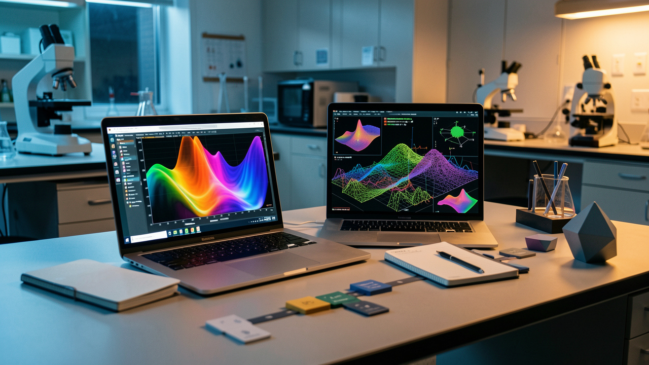 Poste de travail moderne présentant des visualisations abstraites de données, des surfaces mathématiques et une modélisation tridimensionnelle dans un laboratoire de recherche.
