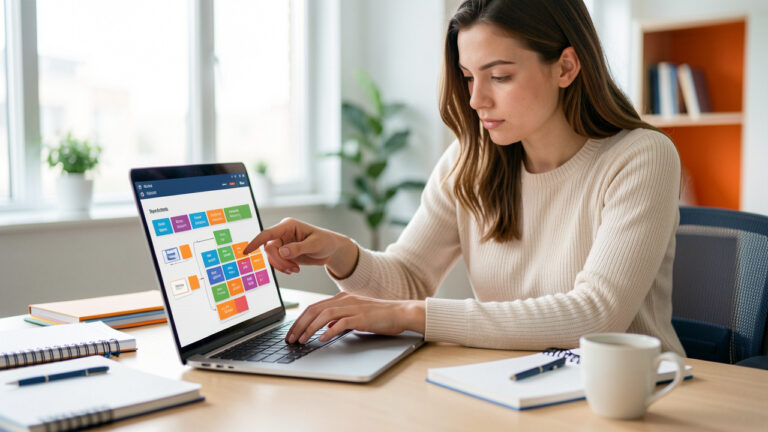 Une jeune femme choisit des modules colorés sur un ordinateur portable pour planifier l’automatisation de tâches professionnelles dans un espace de travail lumineux.