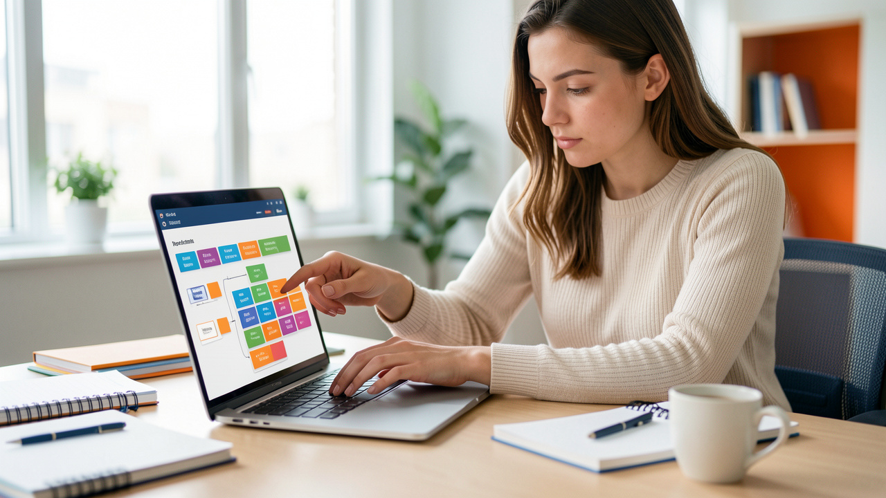 Une jeune femme choisit des modules colorés sur un ordinateur portable pour planifier l’automatisation de tâches professionnelles dans un espace de travail lumineux.