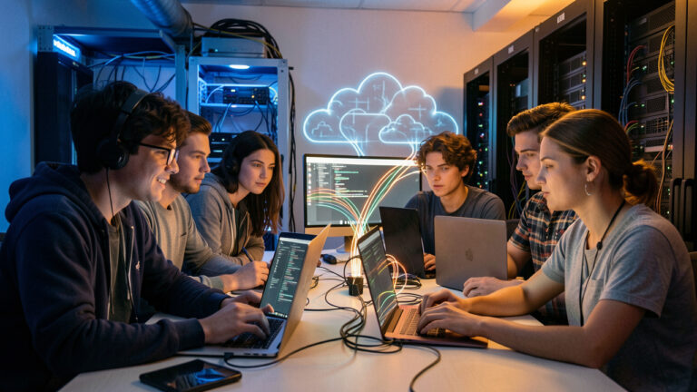 Une formatrice expérimentée accompagne de jeunes développeurs dans l’apprentissage et la sécurisation d’applications métiers critiques, devant des serveurs modernes.