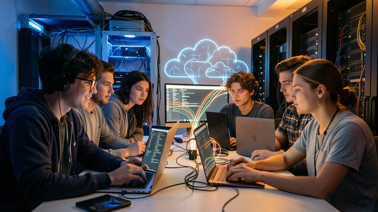 Une formatrice expérimentée accompagne de jeunes développeurs dans l’apprentissage et la sécurisation d’applications métiers critiques, devant des serveurs modernes.
