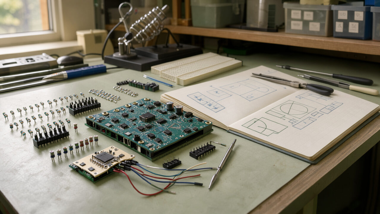 Carte électronique et composants soigneusement disposés dans un atelier technique, illustrant la formation au développement de logiciels embarqués simples, fiables et durables.