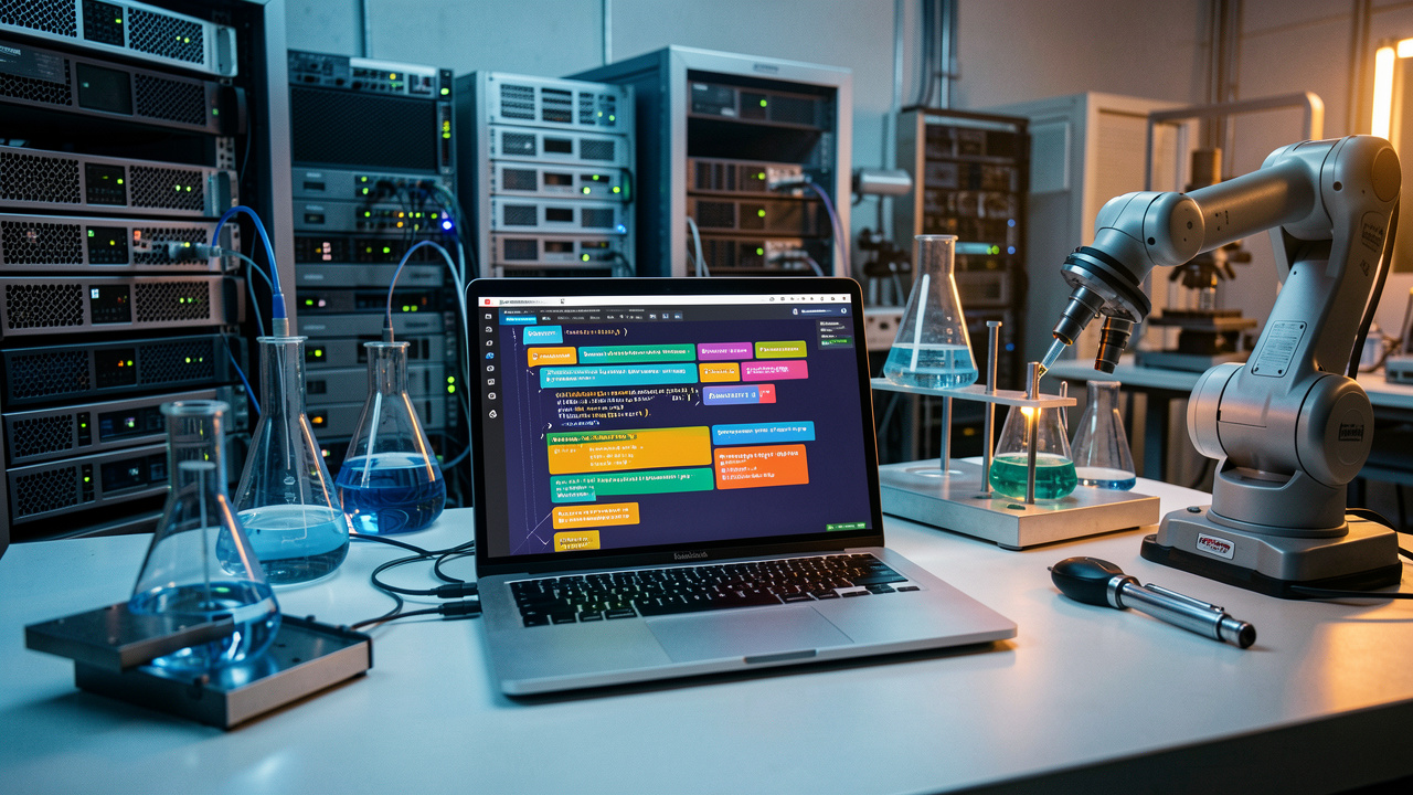 Espace de travail d’ingénierie logicielle montrant un ordinateur, des serveurs sécurisés, des instruments scientifiques et des composants industriels, symbolisant une formation à la programmation fiable.