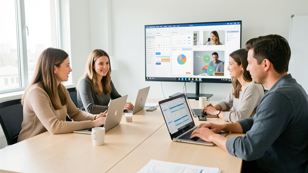 Une formatrice accompagne trois apprenants dans l’organisation de réunions et d’échanges collaboratifs sur des ordinateurs, dans une salle de formation moderne.
