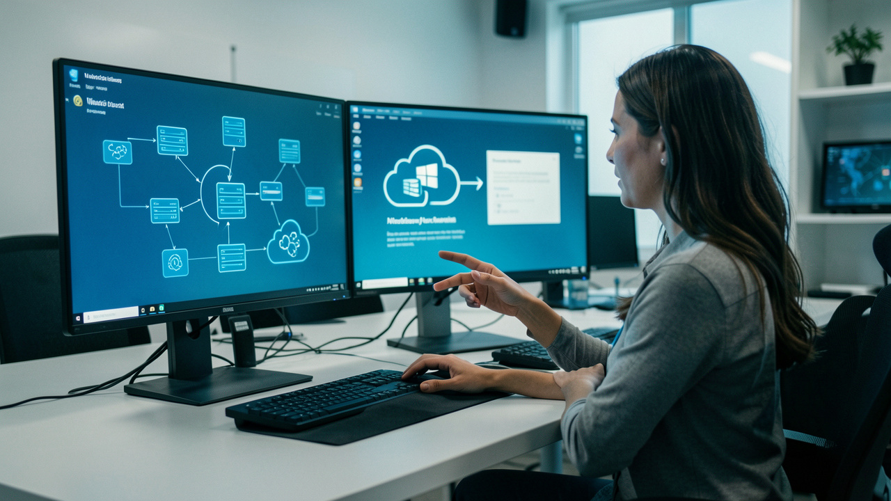 Une formatrice montre un schéma visuel abstrait d’automatisation reliant des postes Windows, des serveurs et des services cloud dans une salle de formation moderne.