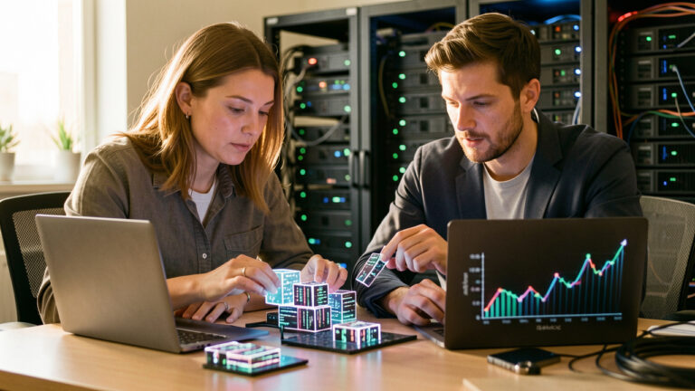 Deux ingénieurs collaborent dans un espace de travail moderne pour concevoir un outil interne modulaire, fiable et performant.
