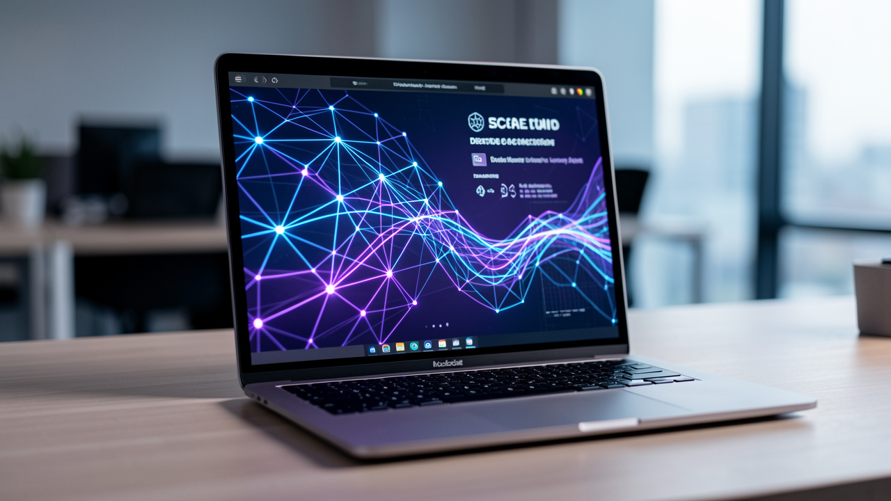 Poste de travail moderne représentant l’apprentissage de la data et des applications distribuées, avec des nœuds lumineux et des flux de données abstraits.