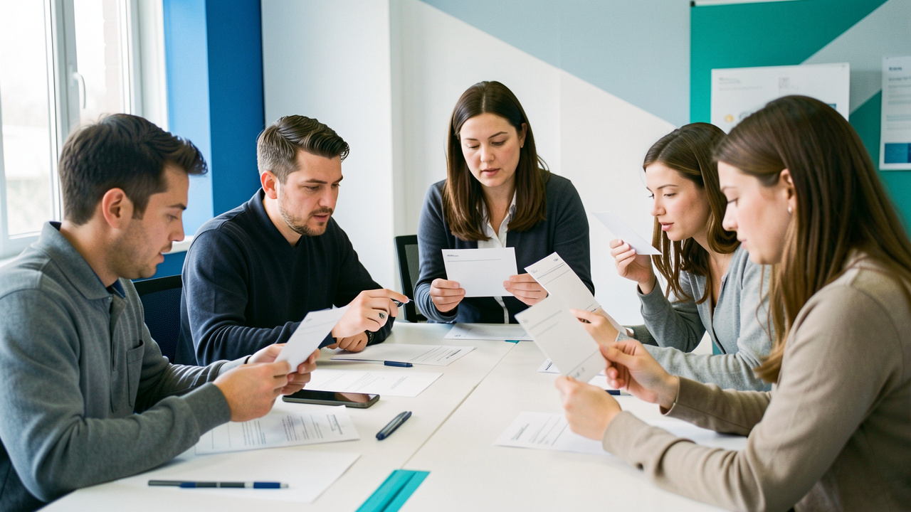 Une formatrice en cybersécurité accompagne quatre adultes lors d’un atelier pratique de sensibilisation au phishing dans une salle moderne et lumineuse.
