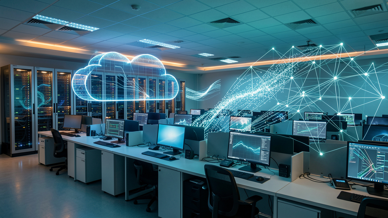 Laboratoire moderne de formation en entreprise avec des postes informatiques, des serveurs lumineux et des visualisations abstraites illustrant le traitement de volumes massifs de données.
