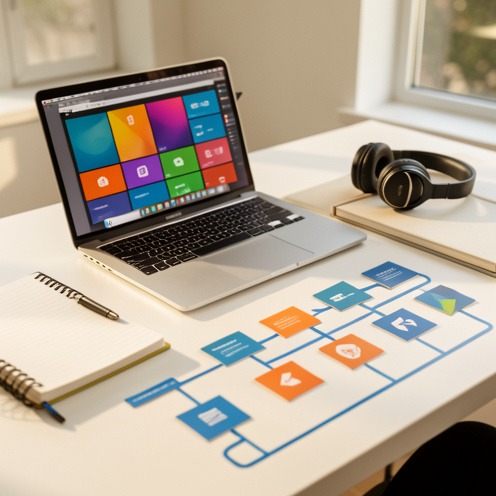 Espace de travail moderne avec ordinateur portable, carnet, casque audio et parcours d’apprentissage représentés par des formes géométriques colorées.