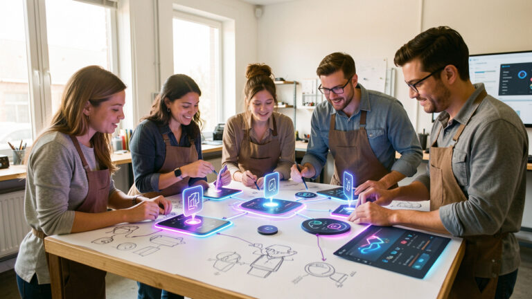 Équipe diverse en atelier collaboratif autour de cinq stations visuelles illustrant la découverte et la productivité grâce à l’intelligence artificielle générative.