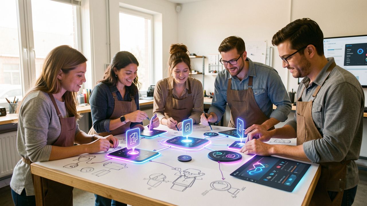 Équipe diverse en atelier collaboratif autour de cinq stations visuelles illustrant la découverte et la productivité grâce à l’intelligence artificielle générative.