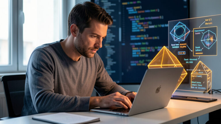 Un ingénieur logiciel examine attentivement un ordinateur portable entouré de schémas géométriques abstraits dans un espace de travail moderne.