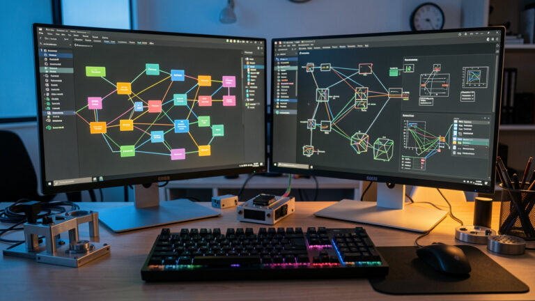 Poste de travail moderne avec deux écrans montrant des visualisations abstraites de flux de données et d’architecture logicielle, dans une ambiance professionnelle aux lumières bleues et ambrées.