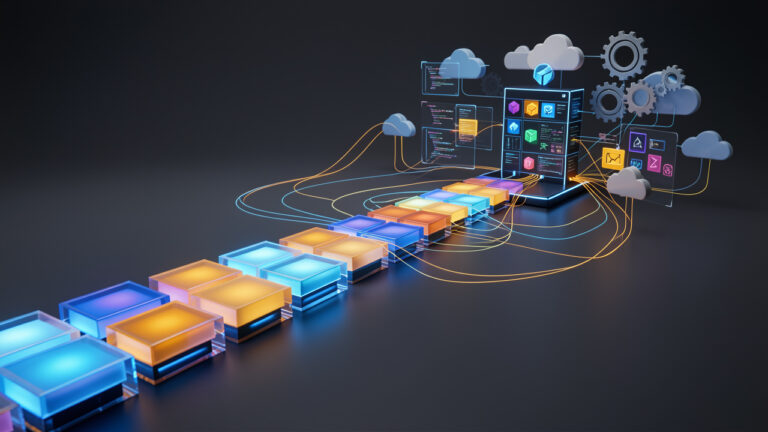 Illustration réaliste d’un parcours d’apprentissage technologique composé de modules lumineux menant vers une architecture logicielle moderne et automatisée.