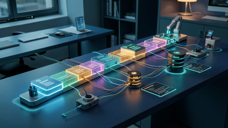 Illustration réaliste d’un parcours d’apprentissage composé d’étapes lumineuses reliées à des flux de données, des bases de données et des mécanismes automatisés.