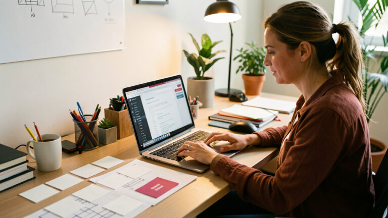 Une développeuse construit une application web dans un espace de travail moderne, entourée d’éléments visuels représentant un parcours d’apprentissage orienté produit.