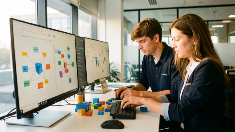 Une formatrice et un apprenant travaillent ensemble dans une salle de formation moderne, devant des écrans présentant des blocs colorés et des schémas abstraits liés à la programmation.