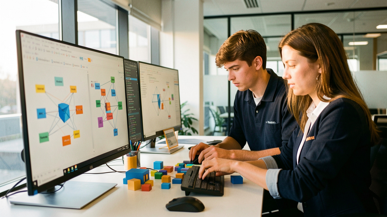 Une formatrice et un apprenant travaillent ensemble dans une salle de formation moderne, devant des écrans présentant des blocs colorés et des schémas abstraits liés à la programmation.