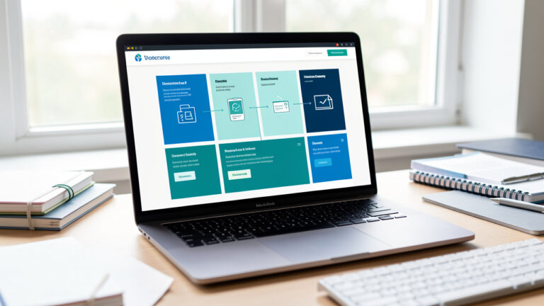 Ordinateur portable présentant une interface web modulaire et épurée, composée de panneaux cohérents et de blocs connectés, dans un espace de travail organisé.