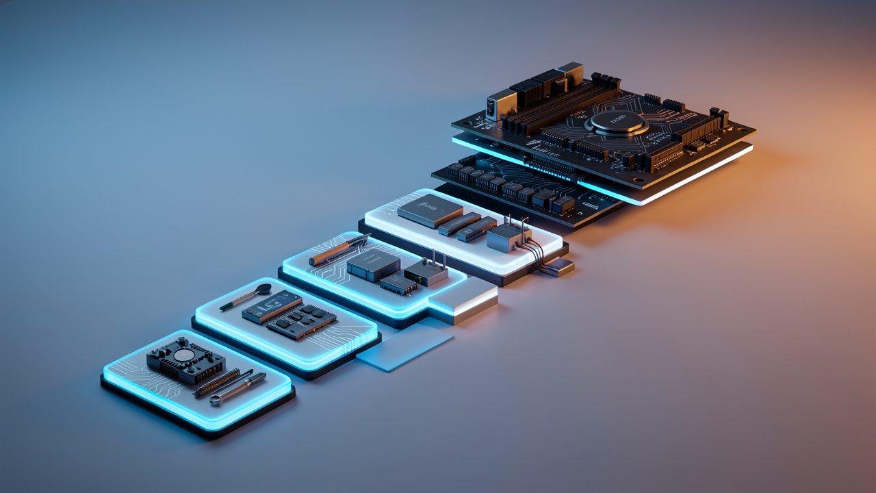 Un parcours lumineux composé d’étapes menant vers une carte mère et une architecture informatique modulaire, symbolisant une formation progressive en programmation système.