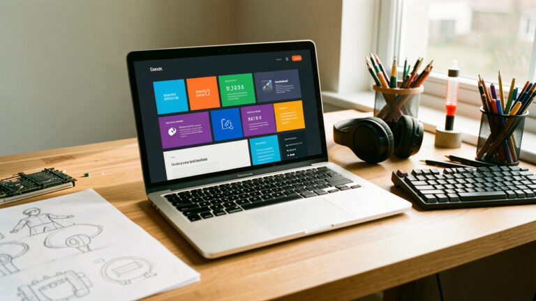 Espace de travail moderne avec un ordinateur portable présentant une interface abstraite colorée, entouré d’accessoires technologiques et de croquis.