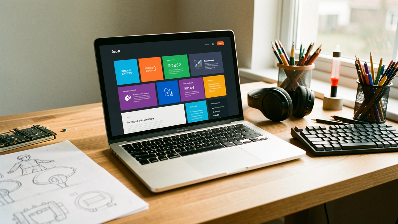 Espace de travail moderne avec un ordinateur portable présentant une interface abstraite colorée, entouré d’accessoires technologiques et de croquis.